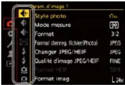 Form d'image 1 Style photo Mode mesure Format 3:2 Format d'enreg. fichier(Photo) JPEG Changer JPEG/HEIF JPEG Qualité d'image JPEG/HEIF FINE Format HEIF SDIR Format imag L 24m