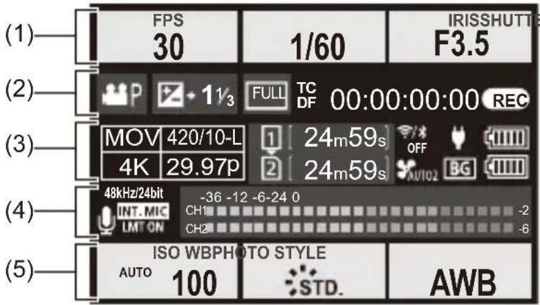 (1) FPS 30 1/60 IRISSHUTT F3.5 (2) P + 1½³ FULL TC DF 00:00:00:00 REC (3) MOV 420/10-L 1 24m59s OFF 4K 29.97p 2 24m59s AUTO2 BG (4) 48kHz/24bit -36 -12 -6-24 0 INT. MIC CH1 LMT ON CH2 ISO WBPHOTO STYLE AUTO 100 STD. AWB