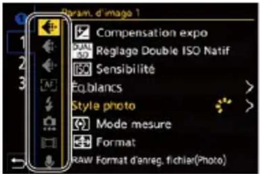 Param. d'image 1 Compensation expo Réglage Double ISO Natif Sensibilité Éq.blancs Style photo Mode mesure Format RAW Format d'anreg. fichier(Photo)