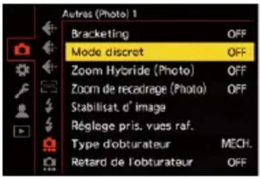 Autres (Photo) 1 Bracketing Mode discret Zoom Hybride (Photo) Zoom de recadrage (Photo) Stabilisat. d° image Réglage pris. vues raf. Type d'obturateur Retard de l'obturateur OFF OFF OFF MECH. OFF