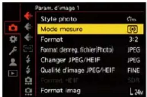 Param. d'image 1 Style photo Mode mesure Format 3:2 Format denreg. fichier(Photo) JPEG Changer JPEG/HEIF JPEG Qualité d'image JPEG/HEIF FINE Format HDIF SDR Format imag L 24m
