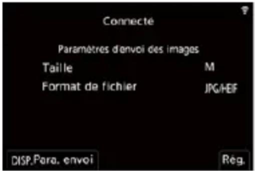 Connecté Paramètres d'envoi des images Taille Mali Format de fichier JPG/HEF DISP.Para. envoi Rég.