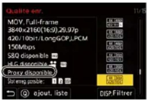 Qualite enr. MOV, Full-frame 3840x2160(16:9),29.97p 420/10bit/LongGOP,LPCM 150Mbps S&Q disponible HLG disponible Proxy disponible Slot meg possible: ajout, liste 11/15 EA 1480 482/101 EA 1480 230/101 EA 1480 230/101 EA 1380 372/101 EA 1380 230/101 EA 1380 230/101 DISP.Filtrer