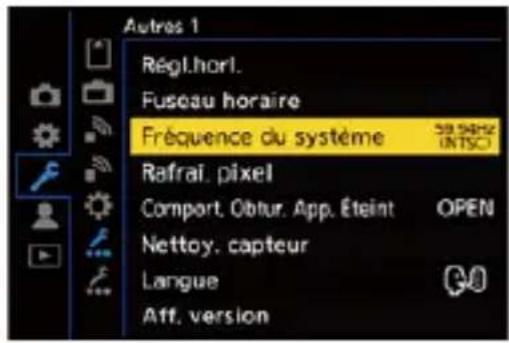 Autres 1 Régl.horl. Fuseau horaire Fréquence du système Rafrai, pixel Comport, Obtur, App, Éteint Nettoy, capteur Langue Att, version