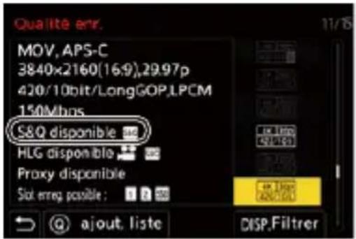 Qualite err. MOV, APS-C 3840x2160(16:9),29.97p 420/10bit/LongGOP,LPCM 150Mbps S&Q disponible HLG disponible Proxy disponible Slot erroq possible : ajout, liste DISP.Filtrer