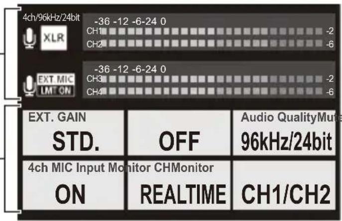 4ch/96kHz/24bit -36 -12 -6-24 0 CH1 -2 CH2 -6 EXT. MIC LM ON -36 -12 -6-24 0 CH3 -2 CH4 -6 EXT. GAIN STD. OFF Audio QualityMute 96kHz/24bit 4ch MIC Input Monitor CHMonitor ON REALTIME CH1/CH2