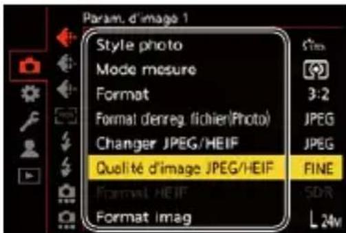 Param. d'image 1 Style photo Mode mesure Format Format denreg. fichier(Photo) Changer JPEG/HEIF Qualité d'image JPEG/HEIF FINE Format HEIF Format imag