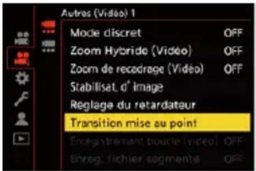 Autres (Vidéo) 1 Mode discret OFF Zoom Hybrid (Vidéo) OFF Zoom de recodrage (Vidéo) OFF Stabilisat. d° image Réglage du retardateur Transition mise au point Enregistrement boucle (video) OFF Enreg. fichier segmente OFF