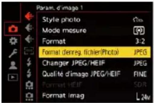 Param. d'image 1 Style photo Mode mesure Format 3:2 Format d'enreg. fichier(Photo) JPEG Changer JPEG/HEIF JPEG Qualité d'image JPEG/HEIF FINE Format HEIF SDR Format imag L 24w