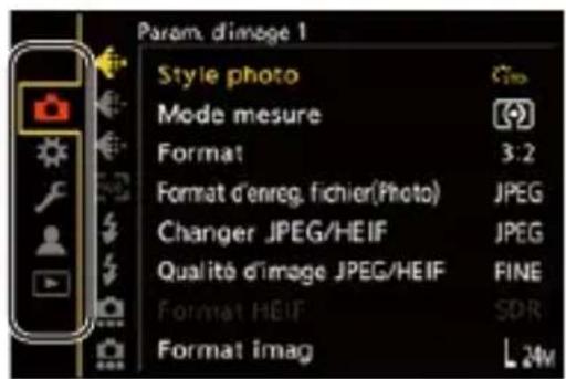 Param. d'image 1 Style photo Mode mesure Format 3:2 Format d'enreg. fichier(Photo) JPEG Changer JPEG/HEIF JPEG Qualità d'image JPEG/HEIF FINE Format HEIF SDR Format imag L 24M