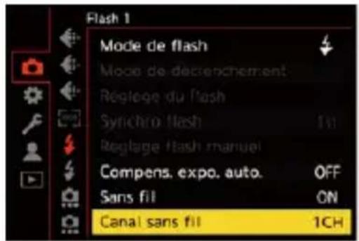 Flash 1 Mode de flash Mode de décrenchement Réglage du flash Synchro flash Réglage flash manuel Compens. expo. auto. Sans fil Canal sans fil OFF ON 1CH