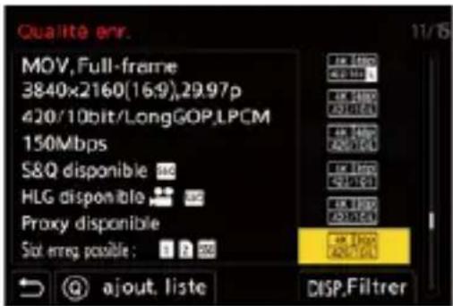Qualité err. MOV, Full-frame 3840x2160(16:9),29.97p 420/10bit/LongGOP,LPCM 150Mbps S&Q disponible HLG disponible Proxy disponible Slot req. possible : 1 ? 20 ajout. liste 11/15 1K 1000 4K 1000 4K 1000 4K 1000 4K 1000 4K 1000 4K 1000 4K 1000 4K 1000 4K 1000 4K 1000 4K 1000 4K 1000 4K 1500 4K 1500 4K 1500 4K 1500 4K 1500 4K 1500 4K 1500 4K 1500 4K 1500 4K 1500 4K 1500 4K 1500 4K 1500 DSP,Filterer