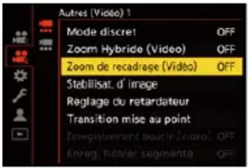 Autres (Video) 1 Mode discret OFF Zoom Hybride (Video) OFF Zoom de recadrage (Video) OFF Stabilisat. d' image Réglage du retardateur Transition mise au point Toreglement boucle (video) OFF Enreg. Tichier segmente OFF