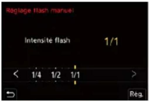 Réglage flash manuel Intensité flash 1/1 < 1/4 1/2 1/1 > Reg.