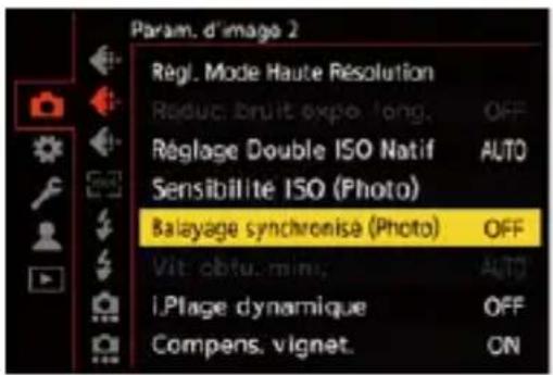 Param. d'image 2 Règl. Mode Haute Résolution Réduc. bruit expo. long. Réglage Double ISO Natif Sensibilité ISO (Photo) Balayage synchronisé (Photo) Vit: obtu. min. I.Plage dynamique Compens. vignet. OFF AUTO OFF ON