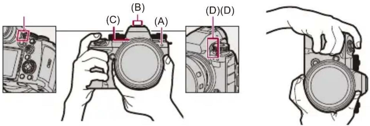 PANASONIC Lumix S1 II E - Tenez l'appareil photo avec vos deux mains, gardez vos bras immobiles sur les côtés et tenez-vous debout, les pieds écartés à largeur d'épaules. - 1