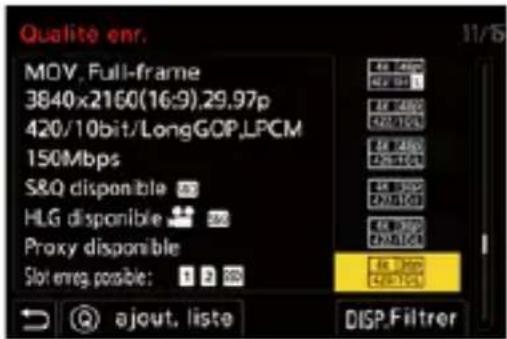 Qualité enr. MOV, Full-frame 3840x2160(16:9).29.97p 420/10bit/LongGOP,LPCM 150Mbps S&Q disponible HLG disponible Proxy disponible Slot emreg. possible: ajout. liste 11/5 EX 1400 EX 011 EX 1400 EX 1000 EX 1000 EX 1000 EX 1000 EX 1000 EX 1000 DISP.Filtrer