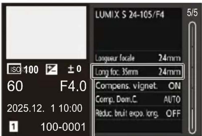 LUMIX S 24-105/F4 5/5 Longueur focale 24mm Long foc. 35mm 24mm Compens. vignet. ON Comp. Dom.C. AUTO Reduc. bruit expo. long. OFF ISO: 100 ± 0 60 F4.0 2025.12. 1 10:00 1 100-0001