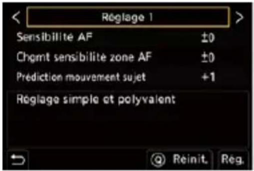 Réglage 1 Sensibilité AF ±0 Chgmt sensibilité zone AF ±0 Prediction mouvement sujet +1 Réglage simple et polyvalent
