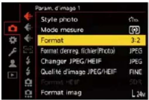 Param. d'image 1 Style photo Mode mesure Format 3:2 Format d'enreg. fichier(Photo) JPEG Changer JPEG/HEIF JPEG Qualité d'image JPEG/HEIF FINE Format HEIF SDR Format imag L 24m