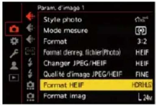 Param. d'image 1 Style photo Mode mesure Format 3:2 Format d'enreg. fichler(Photo) Changer JPEG/HEIF Qualité d'image JPEG/HEIF FINE Format HEIF HDR/HSI Format imag L 24m