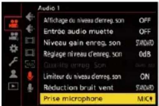 Audio 1 Affichage du niveau d'enreg. son OFF Entrée audio muette OFF Niveau gain enreg. son STANDARD Réglage niveau d'enreg. son 0dB Qualité enreg Son ON Limiteur du niveau d'enreg. son ON Réduction bruit vent STANDARD Prise microphone MIC↓
