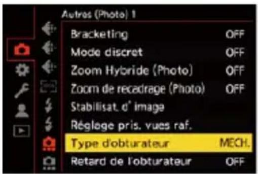 Autres (Photo) 1 Bracketing OFF Mode discret OFF Zoom Hybride (Photo) OFF Zoom de recadrage (Photo) OFF Stabilisat. d° image Réglage pris. vues raf. Type d'obturateur MECH. Retard de l'obturateur OFF