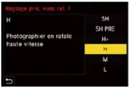 Réglage pris. vues raf. 1 H Photographier en rafale haute vitesse SH SH PRE H+ H M L