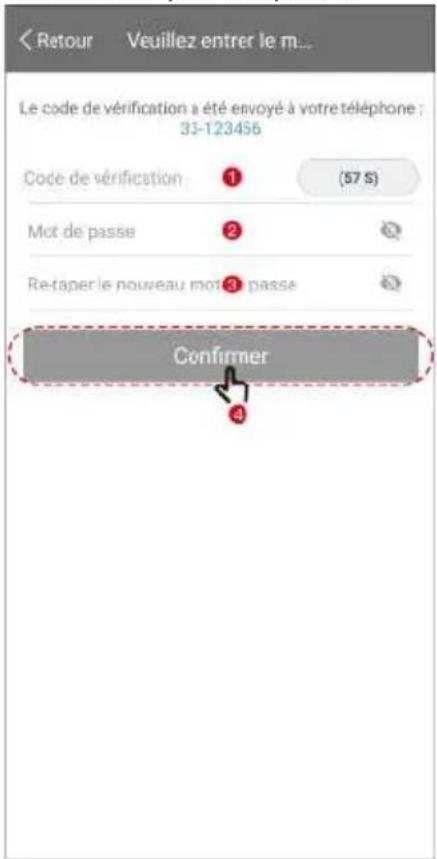 Le code de vérification a été envoyé à votre téléphone : 33-123456 Code de vérification ① (57 S) Mot de passe ② Re-taper le nouveau mot ③ passe Confirmer ④
