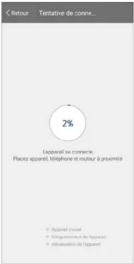 < Retour Tentative de conné... 2% Lappareil se connecte Placez appareil, téléphone et routeur à proximité • Appareil trouvé • Enregistatement de l'appareil • Intérnalisation de l'appareil