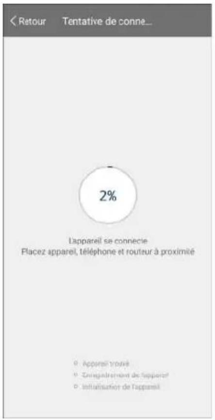 < Retour Tentative de conné... 2% L'appareil se connecte Placez appareil, téléphone et routeur à proximité • Appareil trouve • Enregistrement de l'appareil • Initialiser de l'appareil
