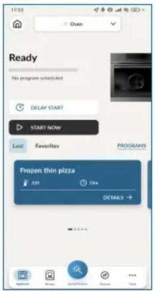 17:23 Oven Ready No program scheduled DELAY START START NOW Last Favorites PROGRAMS Frozen thin pizza 320 55x DETAILS →
