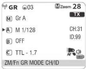 GR 03 M Gr A A M 1/128 B OFF C TTL - 1.7 ZM/Fn GR MODE CH/ID M Zoom 28 TX CH:31 ID:99