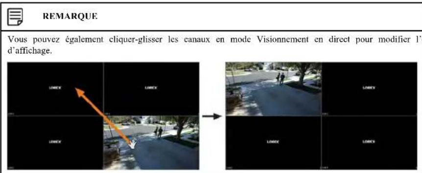 REMARQUE Vous pouvez également cliquer-glisser les canaux en mode Visionnement en direct pour modifier l' d'affichage.