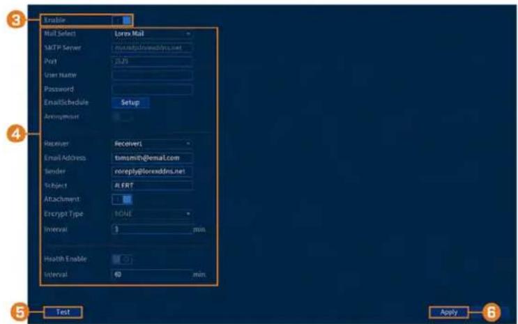 Enable Mail Select SMTP Server Port User Name Password EmailSchedule Setup Arrangement Receiver Email Address Sender Subject Attachment Encrypt Type Interval 3 min. Health Enable Interval 40 min. Test Apply 6
