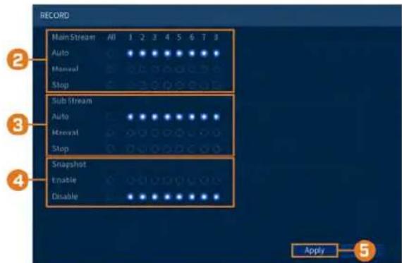 RECORD Main Stream All 1 2 3 4 5 6 7 8 Auto Manual Stop Sub Stream Auto Manual Stop Snapshot Enable Disable Apply 5