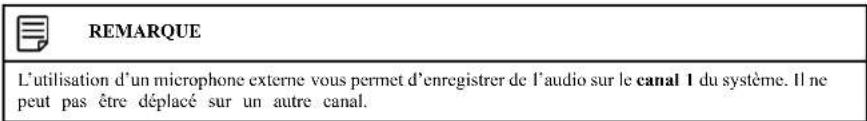 REMARQUE L'utilisation d'un microphone externe vous permet d'enregistrer de l'audio sur le canal 1 du système. Il ne peut pas être déplacé sur un autre canal.