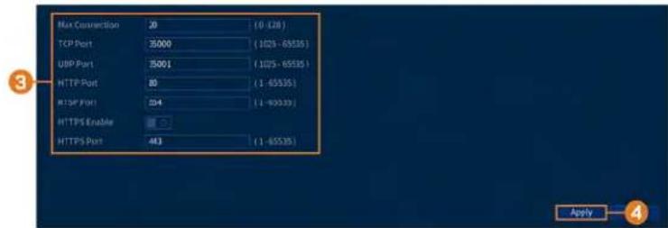 Max Connection 20 (0.628) TCP Port 35000 (1025-65535) USB Port 75001 (1025-65535) HTTP Port 80 (1-65535) RTSP Port 254 (1-93333) HTTPS Enable HTTPS Port 463 (1-65535)