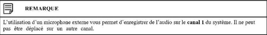 REMARQUE L'utilisation d'un microphone externe vous permet d'enregistrer de l'audio sur le canal 1 du système. Il ne peut pas être déplacé sur un autre canal.