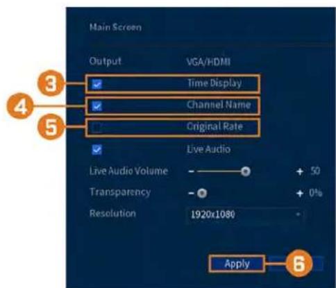 Main Screen Output VGA/HDMI Time Display Channel Name Original Rate Live Audio Live Audio Volume Transparency Resolution 1920x1080 Apply 6