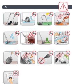Illustrated safety warning icons showing various methods to prevent accidents, including water purifier, fire extinguisher, and no-damp.