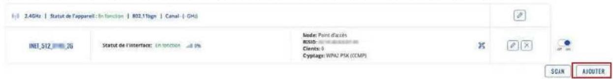2.4GHz | Statut de l'appareil : En fonction | 802.11bgn | Canal - (GHz) INIT_512_66 Statut de l'interface: EN SECTION 48 % Mode: Point d'accès BSSID: Clients: 0 Cryptags: WFA2 PSK (CCMP) SCAN AJOUTER