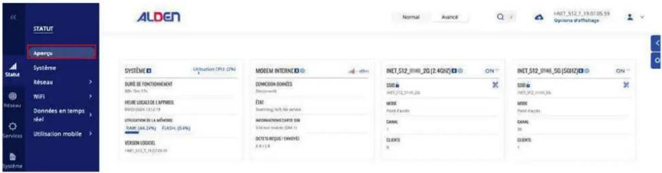 ALDEN STATUT Apersçu Système Réseau WIFI Données en temps réel Utilisation mobile Système SYSTÈME Utilisation (CPU, 20%) DURÉ DE FONCTIONNEMENT 50h 15m 17% HEIRE LOCALIS DE L'APPAREL 89/03/2014 13:12:19 UTILISATION DE LA MÉTHÈRNE RATE (44,24%) FUSIN (5,48%) VERSION LOGOEL 1467.342,7, 13,02:05:39 MODEM INTERNÉ CONCISION DONNÉES Département ÉTAT Semmingue, font, No service INFORMATIONES CARTE ON SVMOS mobile (SMI 1) OCTILIE REQUES / ENVOYÉS EUR 2.8 INET_512_2G [2.4GHz] ON ESDI INET_512_2MHz JG MODE Point d'actions CANAL CLIENTS ON INET_512_8TMIL_5G (5GHz) ON SSDI INET_512_2MHz JG MODE Point d'actions CANAL CLIENTS