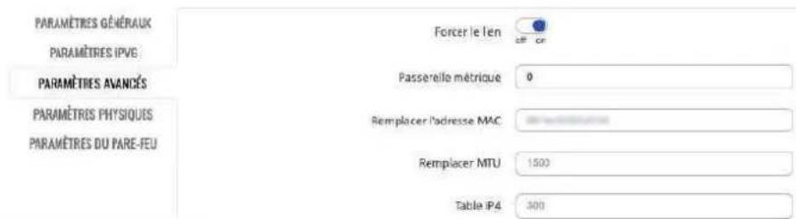 PARAMÈTRES GÉNÉRAUX PARAMÈTRES IPVE PARAMÈTRES AVANCÉS PARAMÈTRES PHYSIQUIS PARAMÈTRES DU PARE-FEU Forcer le len Passerelle métrique 0 Remplacer l'adresse MAC Remplacer MTU 1500 Table IP4 300