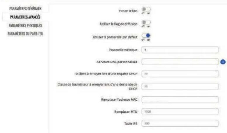 PARAMÈTRES GÉNÉRAIX PARAMÈTRES AVANCÉS PARAMÈTRES PHYSIQUES PARAMÈTRES DU PARÉ-TEU Forcer le lien Utiliser le flag de diffusion Utiliser la passerelle par définit Passerellé métrique: 1 Serveurs DNS personnalisés 10 client à envoyer lors d'une requête DHCP Classe de fournisseur à envoyer lors d'une demande de DHCP Remplacer l'adresse MAC: Remplacer MTU: Table IP4 300