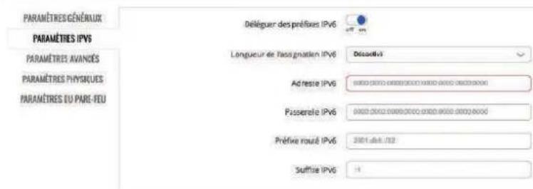 PARAMÈTRES GÉNÉRAUX PARAMÈTRES IPVS PARAMÈTRES AVANDÉS PARAMÈTRES PHYSIQUES PARAMÈTRES DU PARE-FEU Déléguer des préfixes IPv6 Longueur de l'assignaten IPv6 Dépositifs Ad reste IPv6 0000.0000.0000.0000.0000.0000.0000.0000 Passerele IPv6 0000.0000.0000.0000.0000.0000.0000.0000 Préfive roué IPv6 2001.dai.732 Suffise IPv6 4