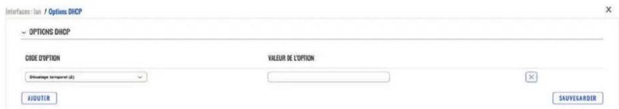 Interfaces: Ian / Options DHCP OPTIONS DHCP CODE D'OPTION VALEUR DE L'OPTION Drivastage Temporal (2) AJOUTER SAUVEGARDIER