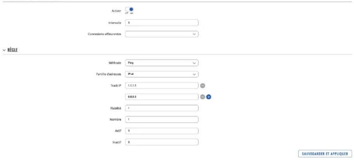 Activer Intervale 3 Connections afférielles RÈGLE Méthode Ping Famille d'adresses IPv4 Track IP 1.1.1.1 8.8.8.5 Flabilité 1 Nombre 1 Actif 3 Inactif 3 SAUVEGARDER ET APPLIQUER