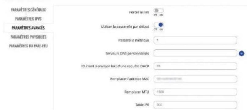 PARAMÈTRES GÉNÉRIALS PARAMÈTRES IPVS PARAMÈTRES AVANÇÉS PARAMÈTRES PHYSIQUES PARAMÈTRES DU PARE-FEU Forder le lien Utiliser la passerelle par défaut Passerelle métique 1 Serveurs DNS personnalités ID client à envoyer lors d'une requête DHCP 35 Remplacer l'adresse MAC Remplacer MTU 1500 Table IP6 3000