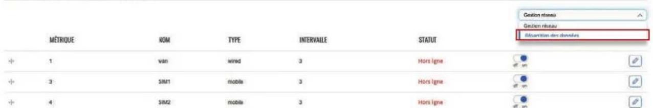 MÉTRIQUE NOM TYPE INTERVALLE STATUT Gestion réseau Gestion réseau Épartition des données + 1 van wired 3 Hors ligne # + 3 SIM1 mobile 3 Hors ligne # + 4 SIM2 mobile 3 Hors ligne